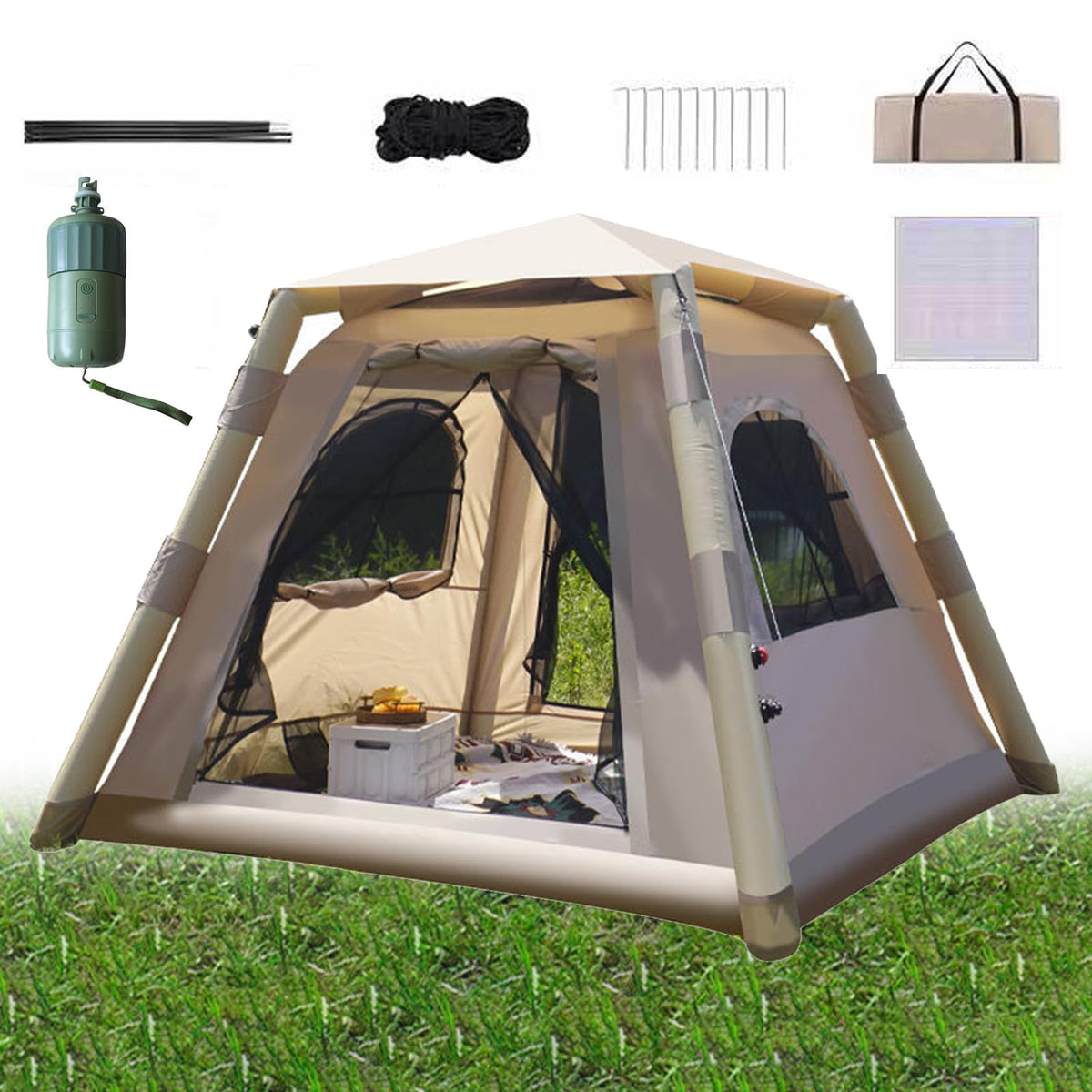 Camping Tent Inflatable, Easy Setup Portable 2-4 Persons Waterproof Windproof Outdoor Prevent for Camping, Festivals, Backyard, Sleepovers with Carry Bag Large Mesh Windows.