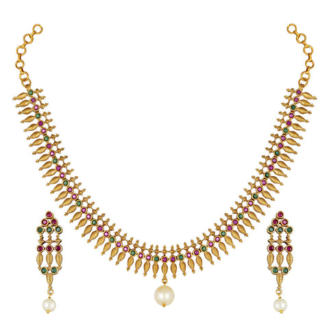 Aheli Bollywood Wedding Party Wear Faux Colored Stone Studded Necklace Earrings Set Gift for Women Ethnic Indian Fashion Jewelry