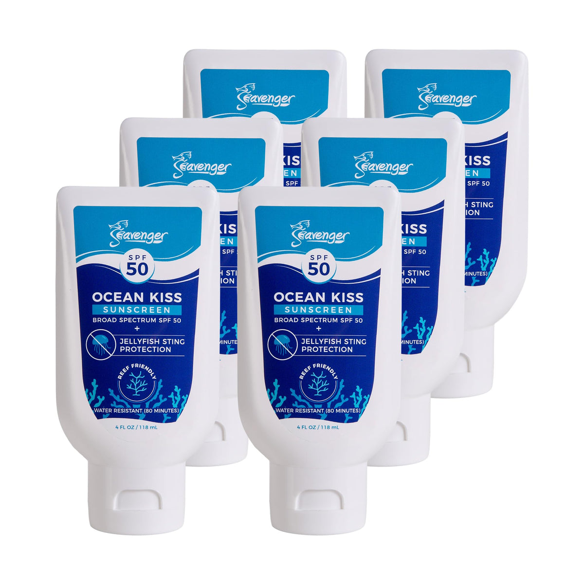 Seavenger Ocean Kiss Reef-Safe Sunscreen SPF 30-50 with Jellyfish Sting Protection (SPF 50), pack of 6