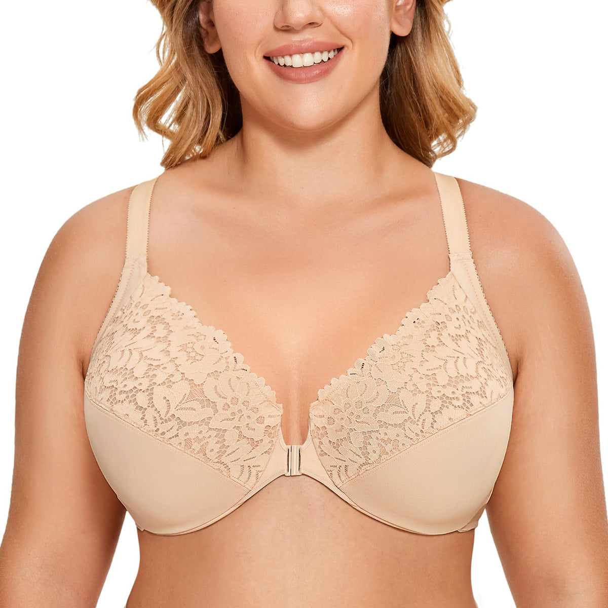DELIMIRA Women's Front Closure Plus Size Full Coverage Lace Underwire Racerback Bra Beige 36D