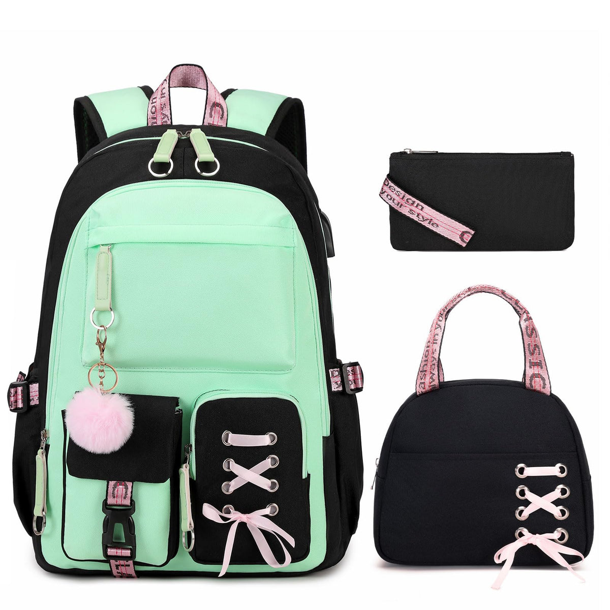 ACESAK Backpacks for Girls, Girls Backpack with Lunch Box and Pencil Case for Teen Kids Elementary Middle High School College Student, Children Backpack Bookbag with USB Charging Port (Black Green)