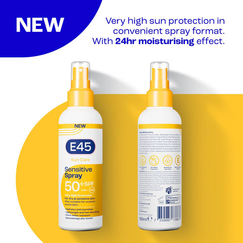 E45 Sun Body Cream Spray for Sensitive Skin. Hydrating Sun Spray with very high UVA and UVB protection and SPF 50+. Instantly Moisturising for Dry Skin, Sensitive Skin and Eczema Prone Skin - 180 ml