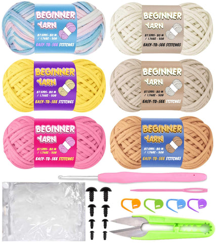 6 Pack Beginners Crochet Yarn with Stuffing, Pink Brown Yellow Off White Yarn for Crocheting Knitting Beginners, Easy-to-See Stitches, Chunky Thick Bulky Cotton Soft Yarn for Crocheting (6x50g)