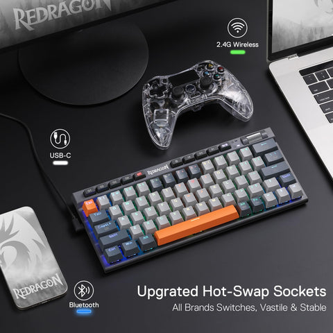 Redragon K634 65% RGB Wireless Gaming Keyboard, BT/2.4Ghz/Wired Tri-Mode, 63 Keys Hot-Swap Mechanical Keyboard w/Aluminum Cover Board, Dedicated Macro + Arrow Keys, Media Control & Linear Red Switch
