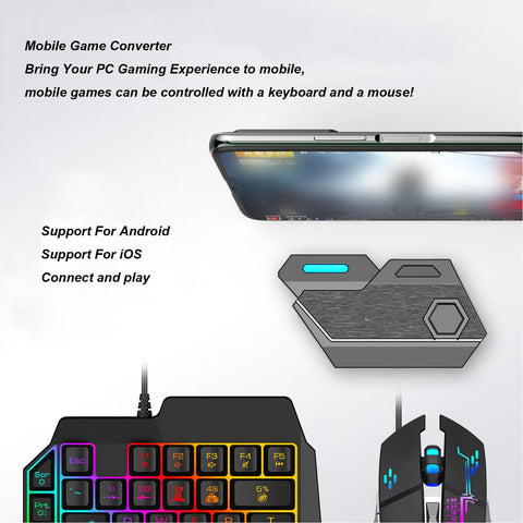 Half Hand Gaming Keyboard and Mouse Combo, Wired Mechanical RGB LED Backlit Half Keyboard, with Wired Gaming Mouse Converter, for Android Harmony iOS