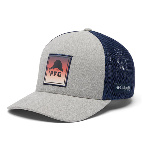 Columbia Unisex PFG Patch Mesh Ball Cap, Cool Grey Heather/Coll Navy/Sailfish, Large/X-Large