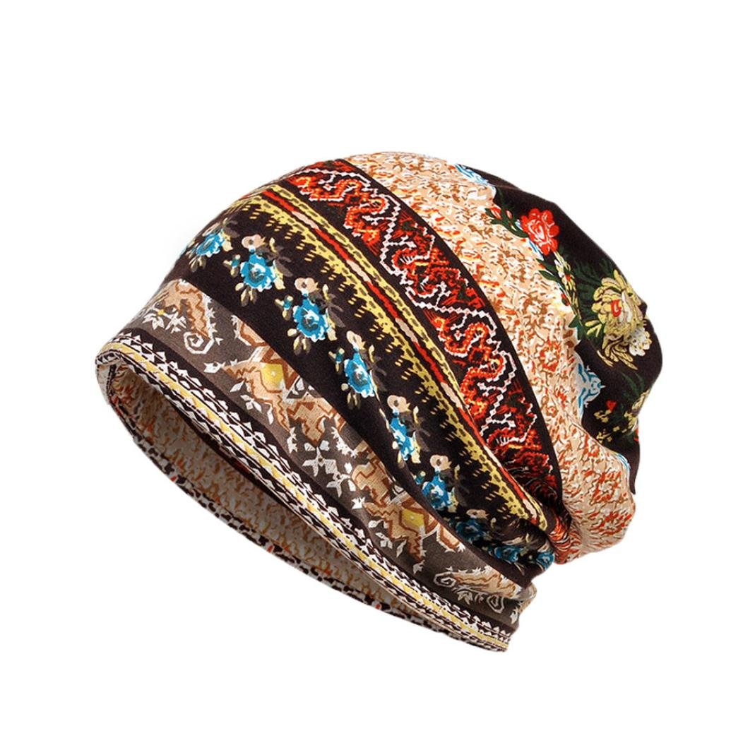 Pingtr Womens Soft Cotton Boho Ethnic Flower Print Stripe Slouch Beanie Infinity Scarf (Coffee)