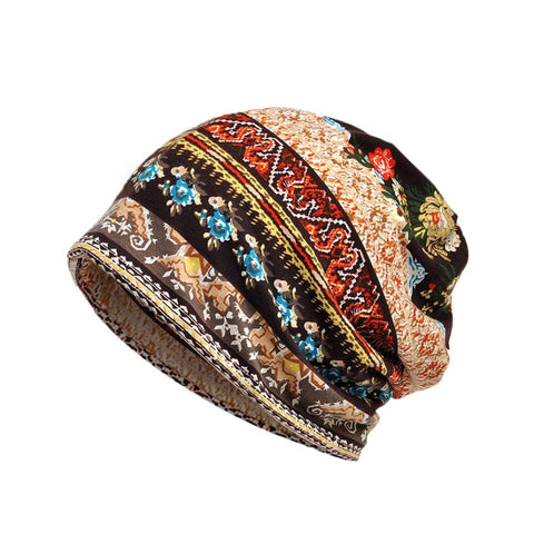 Pingtr Womens Soft Cotton Boho Ethnic Flower Print Stripe Slouch Beanie Infinity Scarf (Coffee)