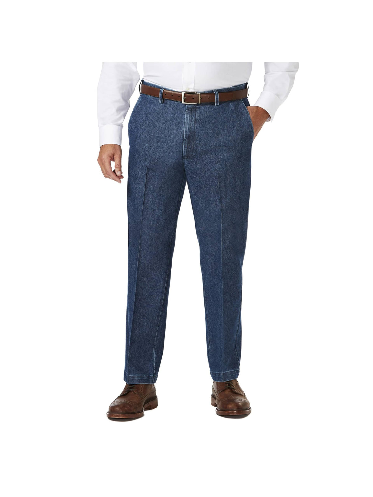 Haggar Men's Casual Classic Fit Denim Trouser Pant-Regular and Big & Tall Sizes, Medium Blue Wash, 44Wx 29L