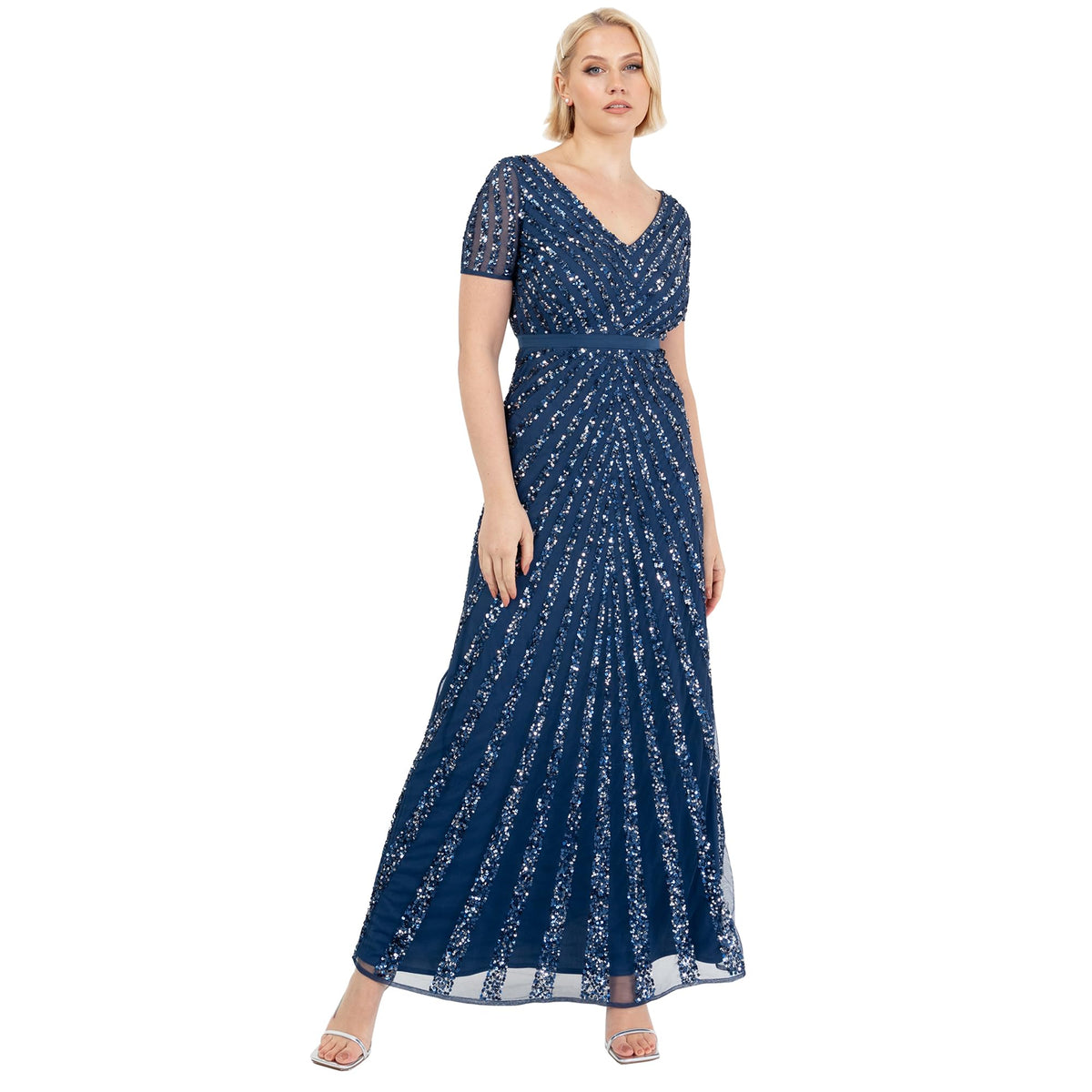 Maya Deluxe Women's Maxi Ladies Embellished Sequin Dress Long Short Sleeve V Neck High Empire Waist A Cut Shiny Prom Wedding Bridesmaid, French Navy, 24