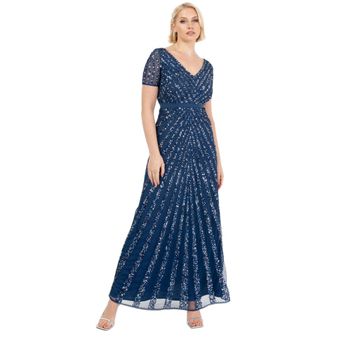 Maya Deluxe Women's Maxi Ladies Embellished Sequin Dress Long Short Sleeve V Neck High Empire Waist A Cut Shiny Prom Wedding Bridesmaid, French Navy, 24
