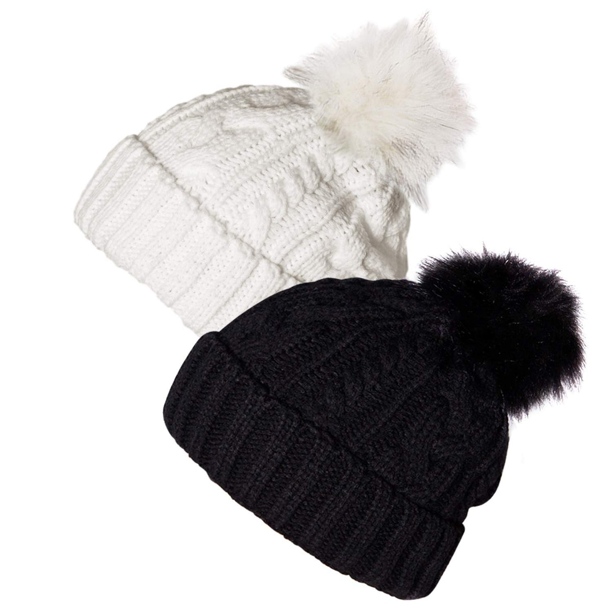 YSense Beanie Hat Black and White, 2 Pack Women Winter Knitted Double Layer Lovely Bobble Hats with Faux Pompom - Black / White beanie hat - One Size