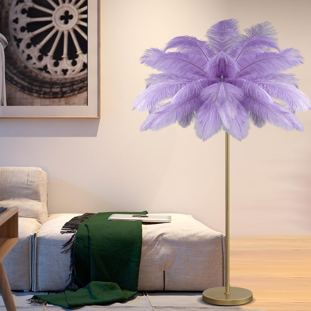 Feather Floor Lamp for Living Room Bedroom Study Room, Bulb Included Dimmable Floor Lamp, 6 x LED Bulbs Included Romantic Girl Bedroom Decorative Reading Light,Purple,Large