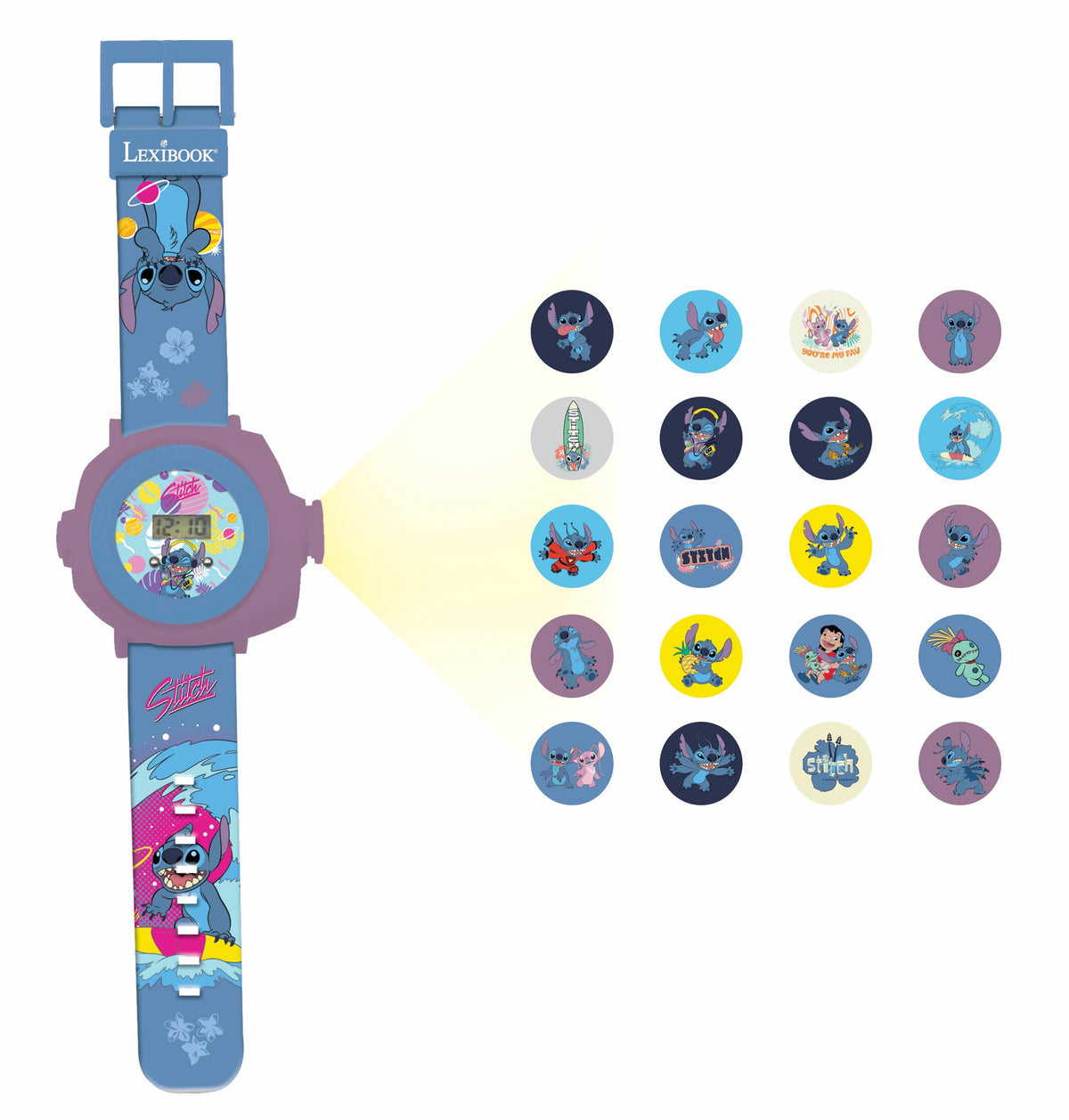 Lexibook, Disney Stitch, Adjustable Projection Watch Digital Screen, 20 Images of Lilo & Stitch, for Children, Blue, DMW050D