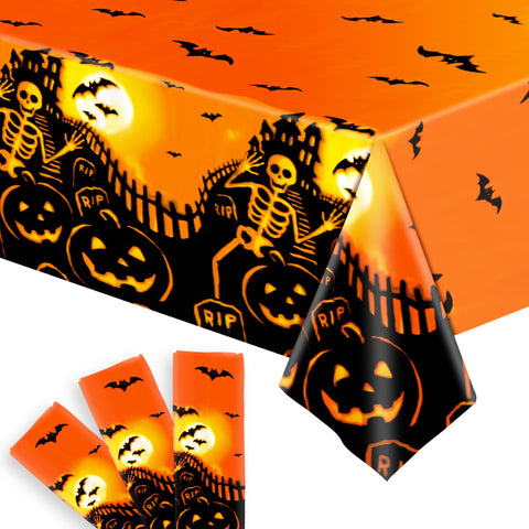 KatchOn, Orange Halloween Tablecloth Plastic - Large 54x108 Inch Pack of 3 | Skeleton Halloween Table Cover for Halloween Table Decorations | Halloween Plastic Tablecloth, Halloween Decorations Indoor