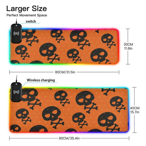 Halloween Skulls Wireless Charging Mouse Pad for Mobile Phone Extra Large Gaming Mousepad with 13 Lighting Modes Extended Desk Mat for Office Home Gaming MacBook PC Laptop Desk