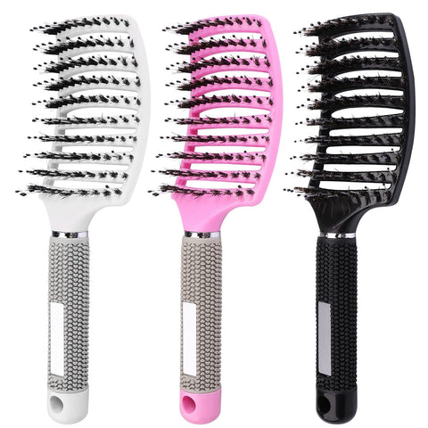Boar Bristle Hair Brush, 3 Pcs Wet Curved Hair Brush Blow Dry Detangle Vented Hair Extension Brushes Teaser Teezer Hair Brush for Women Men Natural Curly Straight Wet Dry Hair Comb(Black Pink White)