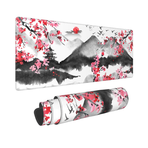 Japanese Cherry Blossom Gaming Mouse Pad 31.5 X 11.8 Inch XL Pink Watercolor Design Mousepad Extended Large Laptop Keyboard Mouse Mat Non-Slip Rubber Base with Stitched Edges for Home Office