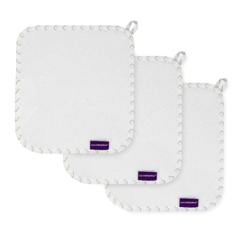 Clevamama Bamboo Baby Washcloth, Ultra-Soft and Absorbent Bamboo and Cotton Made, Set (3Pk) - White & Grey
