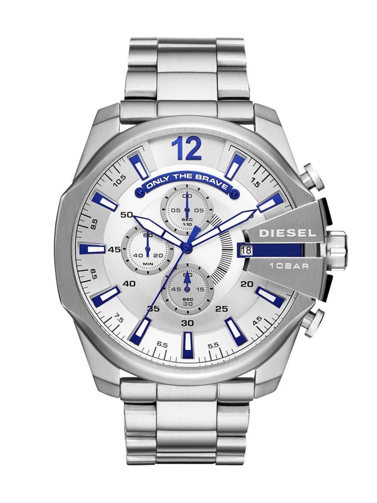Diesel Watch for Men Mega Chief, Quartz Movement, 59 mm Silver Stainless Steel Case with a Stainless Steel Strap, DZ4477