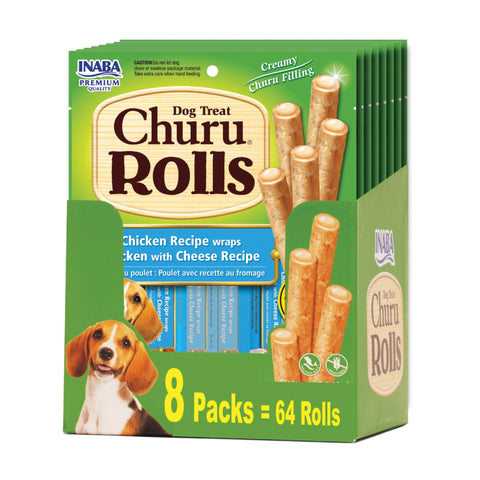INABA Churu Rolls for Dogs, Soft & Chewy Baked Chicken Wrapped Filled Dog Treats with Vitamin E, 0.42 Ounces Each Stick, 64 Sticks (8 per Pack), Chicken with Cheese Recipe