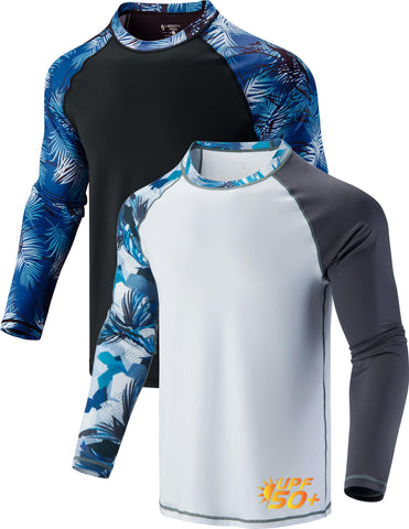 2 Pack Men's Sun Protection Long Sleeve Swim Shirts UPF 50+ Loose Fit Rash Guards Fishing Quick Dry Clothing, Contrast Sleeves Black/White, M