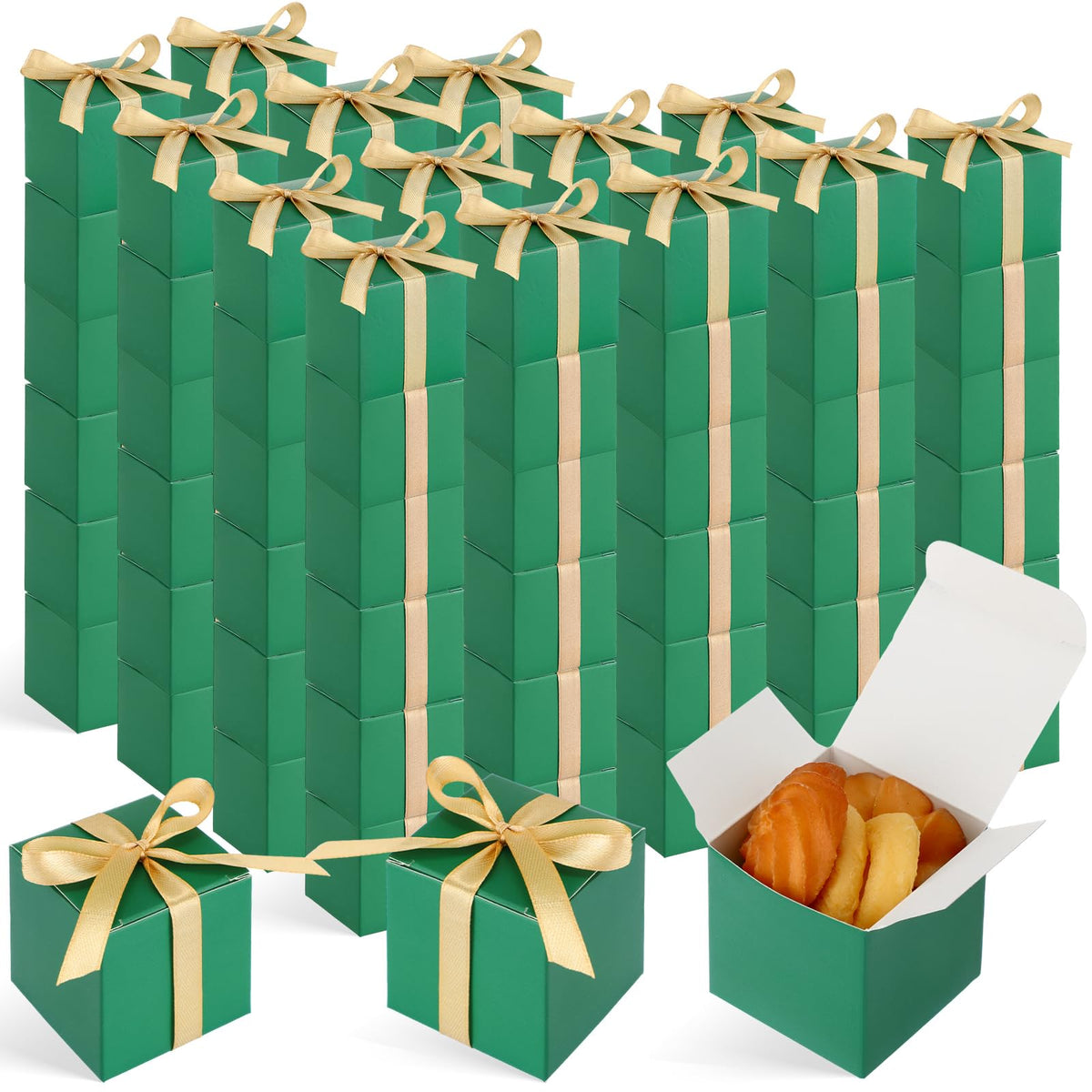 Jutom 100 Pcs Mini Favor Boxes Small Candy Boxes Paper Party Favor Boxes Gift Wrap Boxes with Ribbon for Birthday Wedding Anniversary Christmas Halloween Party Supplies(2 x 2 x 2 Inch,Green)