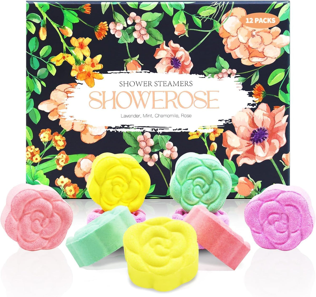 SHOWEROSE 12 Packs Floral Shower Steamers, 4 Scents Shower Bath Bombs Aromatherapy with Essential Oils Shower Tablets, Mother's Day Gift Box, Self Care Birthday Gifts Idea for Women Men