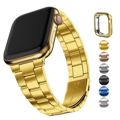 Fullmosa Compatible With Apple Watch Straps 45mm 44mm 42mm, Upgraded Version Stainless Steel iWatch Strap with Case for Series 9/8/7/6/5/4/3/2/1/SE/SE2 for Apple Watch Strap Women Men, Gold
