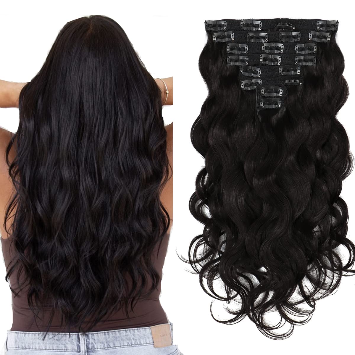 Body Wave Clip in Hair Extensions Human Hair, 120g 8pcs with 20Clips Grade 9A Double Weft Remy Human Hair Clip In Extensions #1B Natural Black 14Inches Full Head Soft Body Wave Hair Extensions