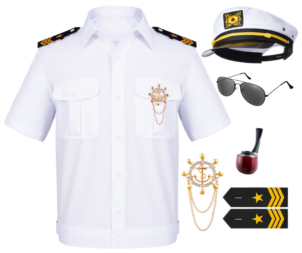 TOGROP 6PCS Men's Yacht Captain Sailor Costume Adult Shirt Hat Accessories Set Party Cosplay, White, XS