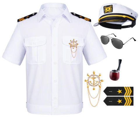 TOGROP 6PCS Men's Yacht Captain Sailor Costume Adult Shirt Hat Accessories Set Party Cosplay, White, XS