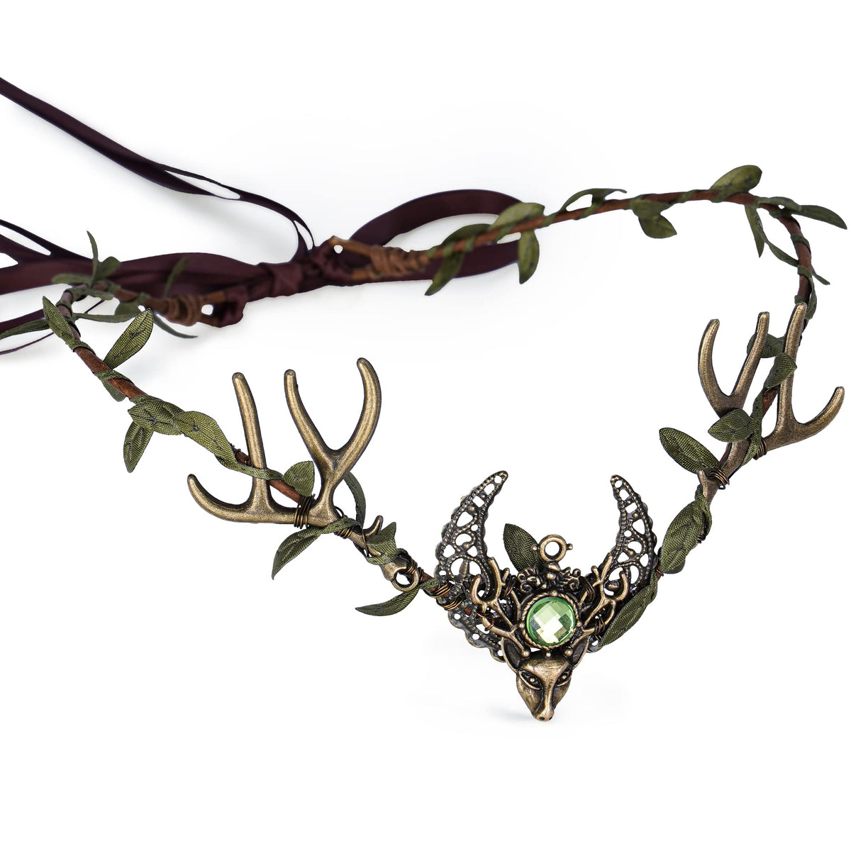 MOSTORY Handmade Deer Antler Crown Headband Forest Elf Headpiece Woodland Green Leaf Tiara Circlet for Wedding Bridal Themed Party Carnival Cosplay Festival Costume Accessory Green