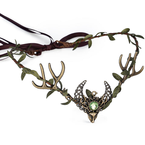 MOSTORY Handmade Deer Antler Crown Headband Forest Elf Headpiece Woodland Green Leaf Tiara Circlet for Wedding Bridal Themed Party Carnival Cosplay Festival Costume Accessory Green