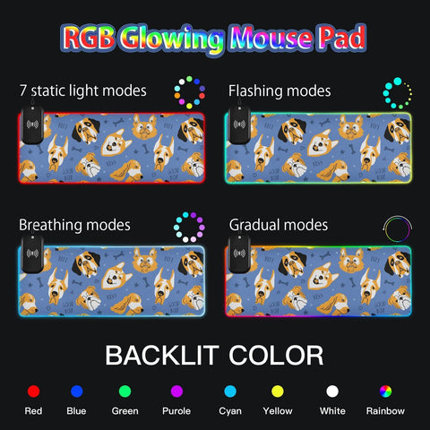 Dog Face-01 Wireless Charging Mouse Pad for Mobile Phone Extra Large Gaming Mousepad with 13 Lighting Modes Mouse Mat for Office Home Gaming MacBook PC Laptop Desk