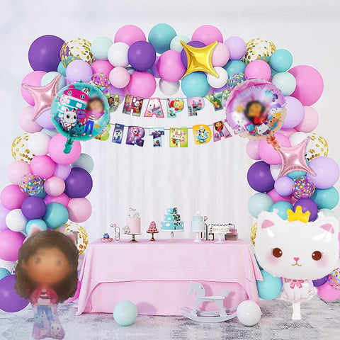 Junyaoii 137pcs Gabby Birthday Decoration, Dollhouse Balloons, Birthday Decoration, Gabbys Foil Balloons, Latex Balloons, Happy Birthday Banner, Children's Birthday Decoration