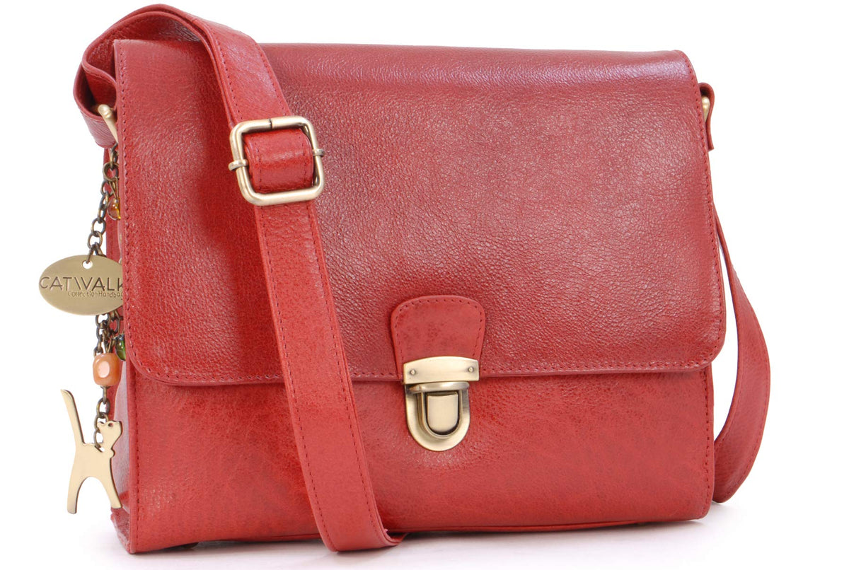 Catwalk Collection Handbags - Women's Leather Crossbody Bag - Messenger - Fits iPad/Tablet - DIANA - Red
