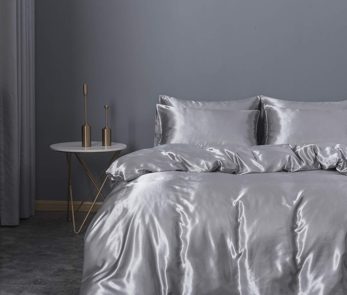 BEDCOLOR Silk Soft Like Satin Duvet Cover Set (Silver, King)