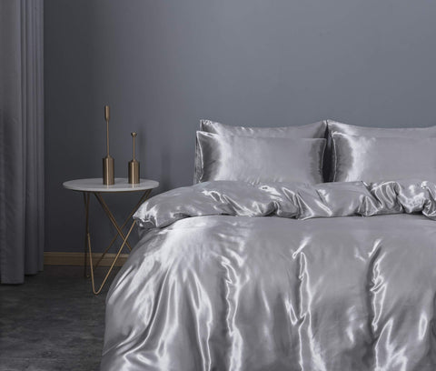 BEDCOLOR Silk Soft Like Satin Duvet Cover Set (Silver, King)