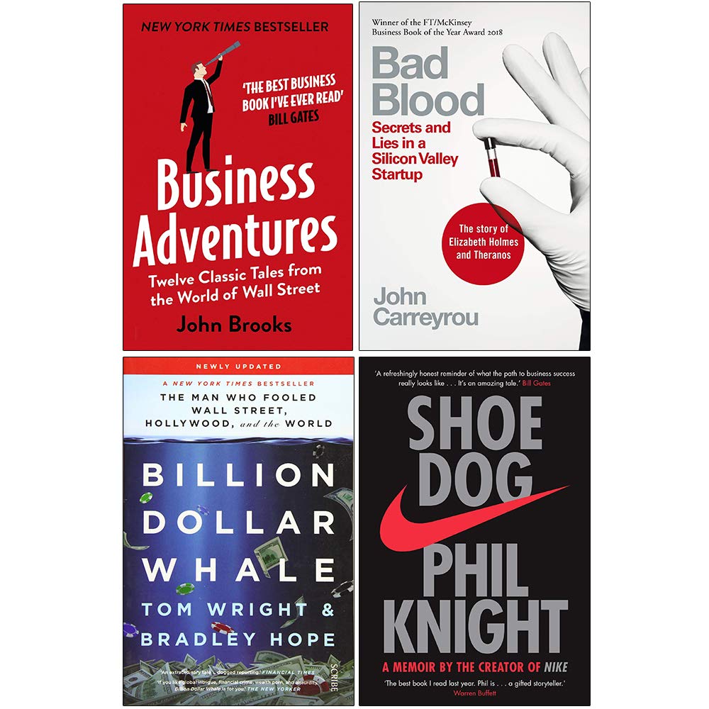 Business Adventures, Bad Blood, Billion Dollar Whale, Shoe Dog 4 Books Collection Set