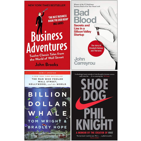 Business Adventures, Bad Blood, Billion Dollar Whale, Shoe Dog 4 Books Collection Set