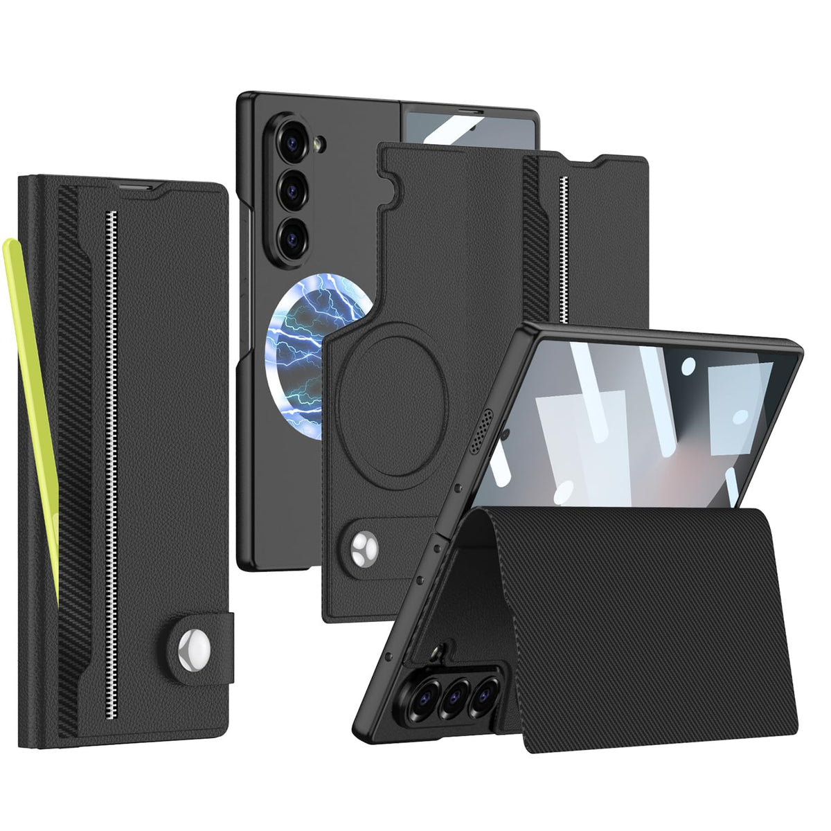 XIMAND for Samsung Galaxy Z Fold 6 Leather Case with Card Slots, Kickstand, Anti-Shock, Magnetic Buckle, Compatible with Magsafe Magnetic Wireless Charging.(Black)