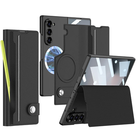XIMAND for Samsung Galaxy Z Fold 6 Leather Case with Card Slots, Kickstand, Anti-Shock, Magnetic Buckle, Compatible with Magsafe Magnetic Wireless Charging.(Black)