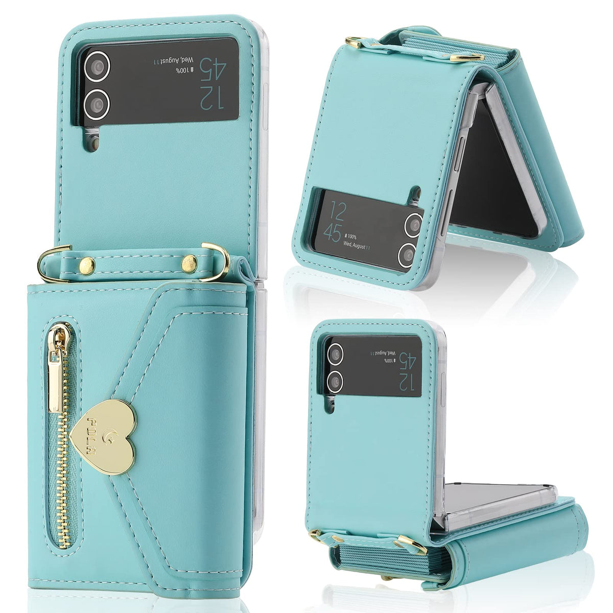 XIMAND for Samsung Galaxy Z Flip 4 Case with Love Flip Wallet, Large Capacity for 8 Card Slots, and Long Strap - a Mini, Fashionable Crossbody Bag for Young, Stylish Women Shopping(Z Flip 4,Blue)