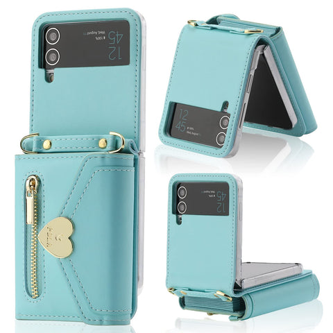 XIMAND for Samsung Galaxy Z Flip 4 Case with Love Flip Wallet, Large Capacity for 8 Card Slots, and Long Strap - a Mini, Fashionable Crossbody Bag for Young, Stylish Women Shopping(Z Flip 4,Blue)