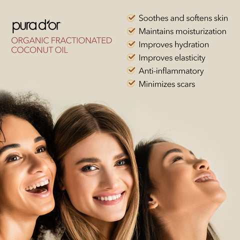 PURA D'OR 16 Oz ORGANIC Fractionated Coconut Oil - MCT Oil- 100% Pure & Natural USDA Certified Cold Pressed Carrier Oil - Unscented, Hexane Free Liquid Moisturizer - Face Skin & Hair - Men & Women