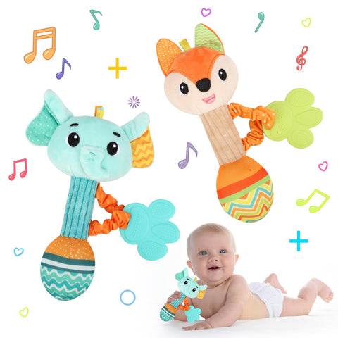 Venditer Plush Rattle Toy, Baby Elephant and Fox, Sensory Montessori Toy for 0-12 Months, Soft Animal Rattle Shaker, Hand-Eye Coordination Gift for Newborns