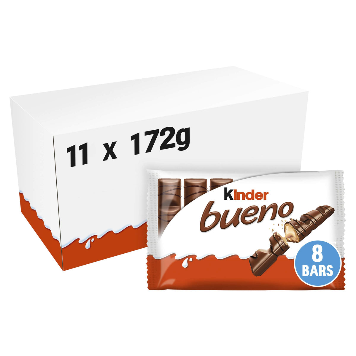 Kinder Bueno Wafer Twin Chocolate Bars, Bulk Chocolate Box, Gift Pack, Milk Chocolate Covered Wafer with Milky and Hazelnut Filling, Pack of 11 x 8 (88pcs)