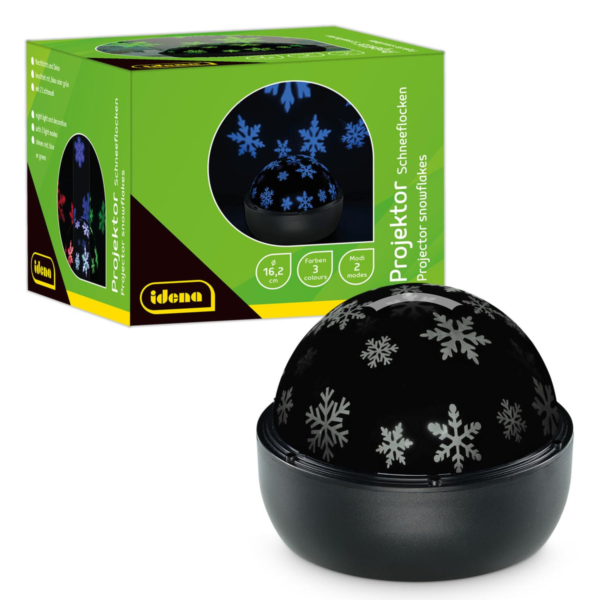 Idena 50146 LED Projector Snowflakes, Lights in Red, Green and Blue, LED Starry Sky Projector with 2 Modes, for Indoor, Battery Operated, Approx. 16.2 x 13 cm