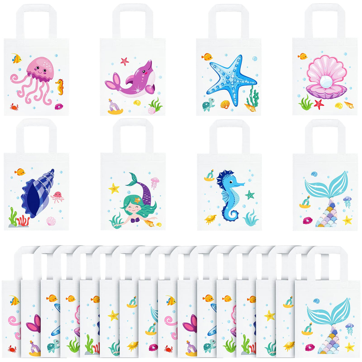 Ferraycle 24 Pieces Under the Sea Party Favors Bags Ocean Themed Treat Bags Sea Animals Mermaid Gift Candy Goodie Bags for Baby Shower Kids Birthday Party Supplies(Vivid Color)